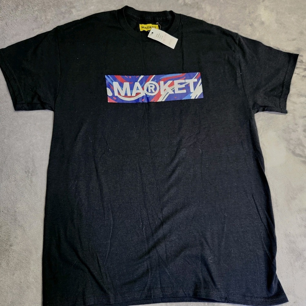 New Market Brand Graphic T-Shirt Men's Medium Black Red Blue Box Logo PacSun M
